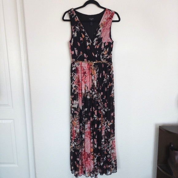 Alexa B Nites Black Floral V-Neck Maxi Dress Beaded Waist Size 8 - Picture 1 of 9